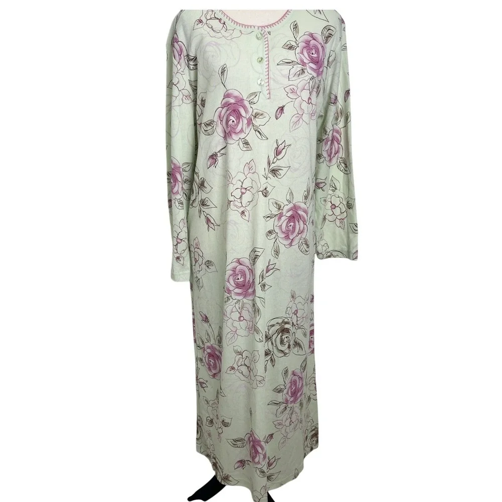 Of the Moment Nightgown Womens Medium Green Pink Good Floral‎ Ribbed Henley Long